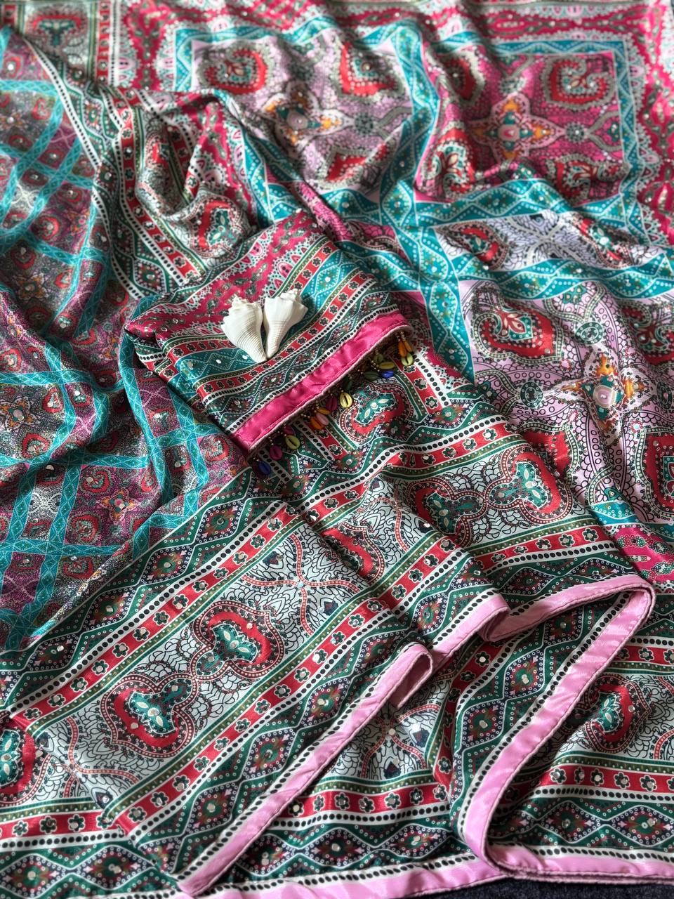 Elegant roman silk ajarakh print saree with real mirror work kodi latkan