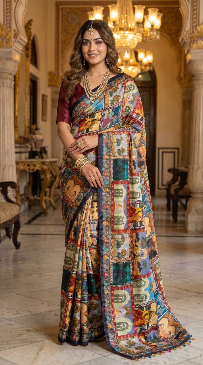 Royal poster rajwadi print soft roman silk saree with real mirror work fandu kodi latkan mameraa