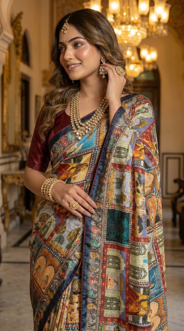 Royal poster rajwadi print soft roman silk saree with real mirror work fandu kodi latkan