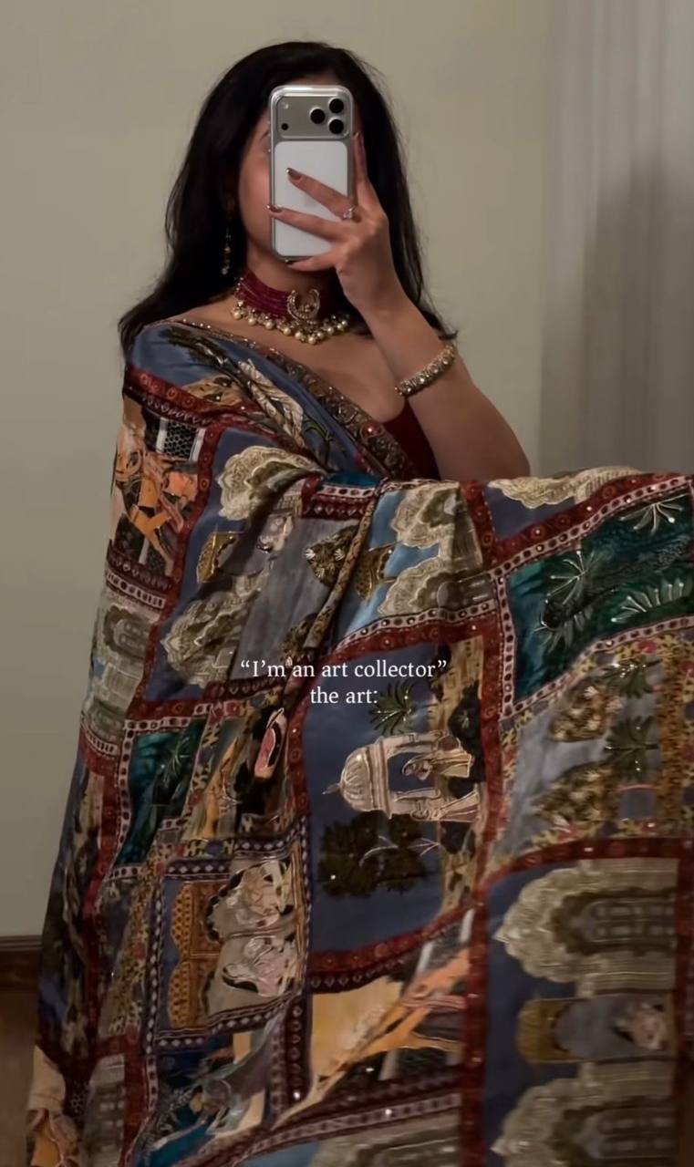 Royal poster rajwadi print soft roman silk saree with real mirror work fandu kodi latkan