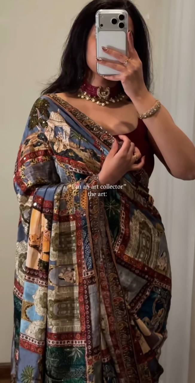 Royal poster rajwadi print soft roman silk saree with real mirror work fandu kodi latkan