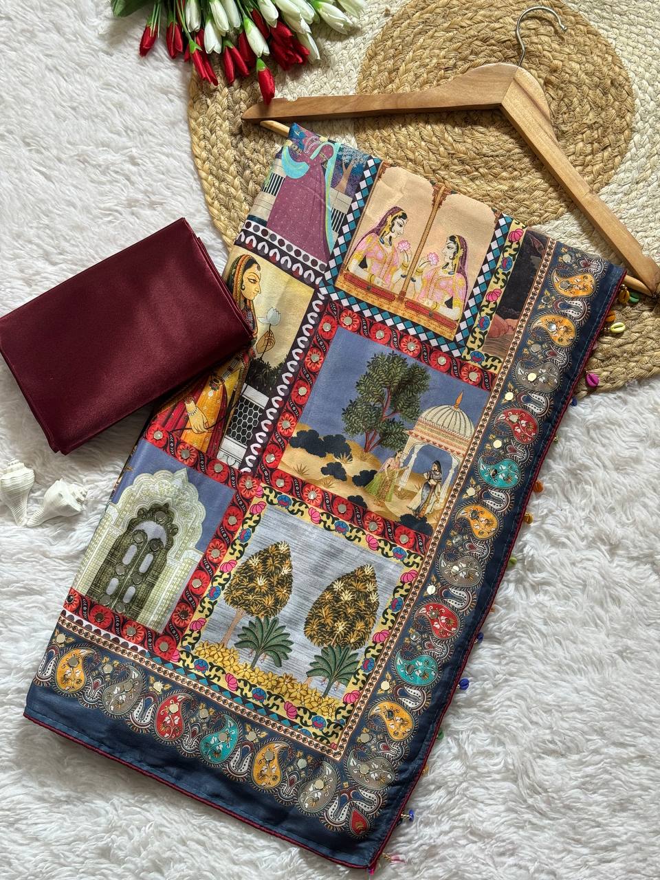 Royal poster rajwadi print soft roman silk saree with real mirror work fandu kodi latkan