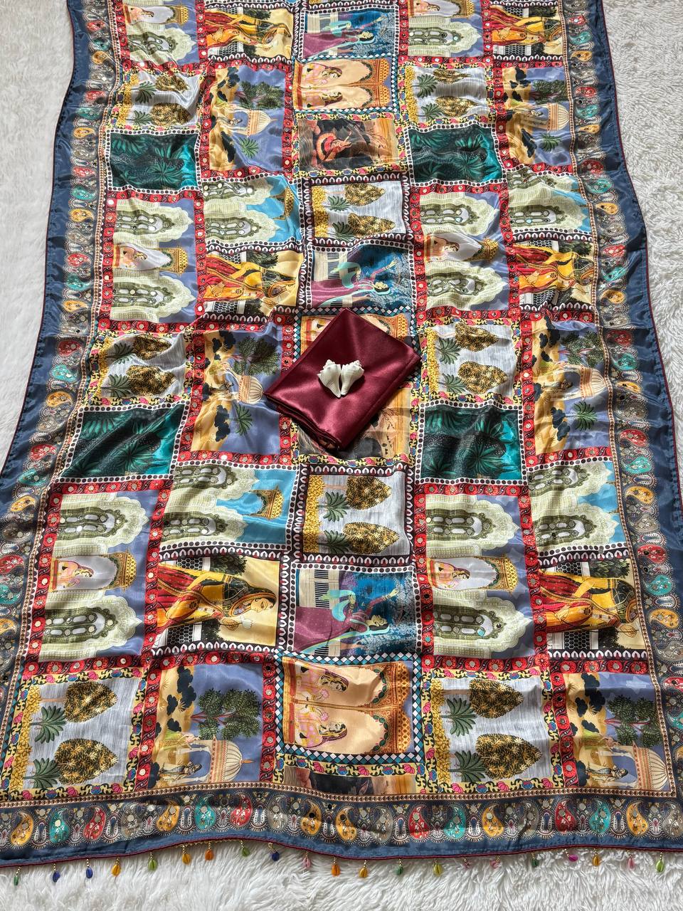 Royal poster rajwadi print soft roman silk saree with real mirror work fandu kodi latkan