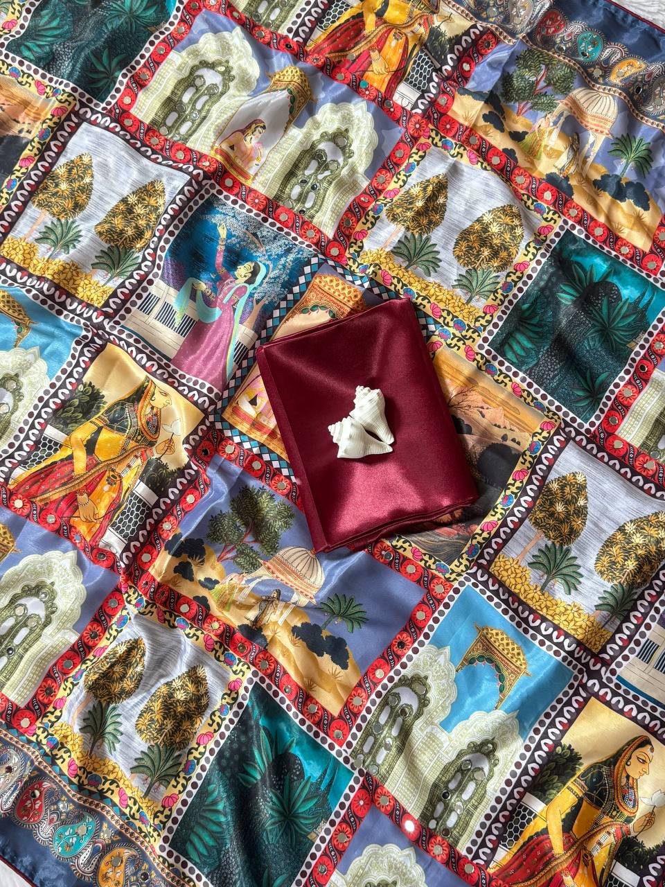 Royal poster rajwadi print soft roman silk saree with real mirror work fandu kodi latkan
