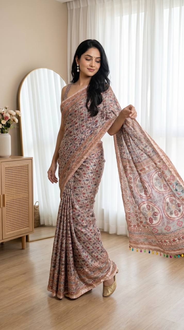 Rose gold roman silk digital print saree with real mirror work kodi latkan