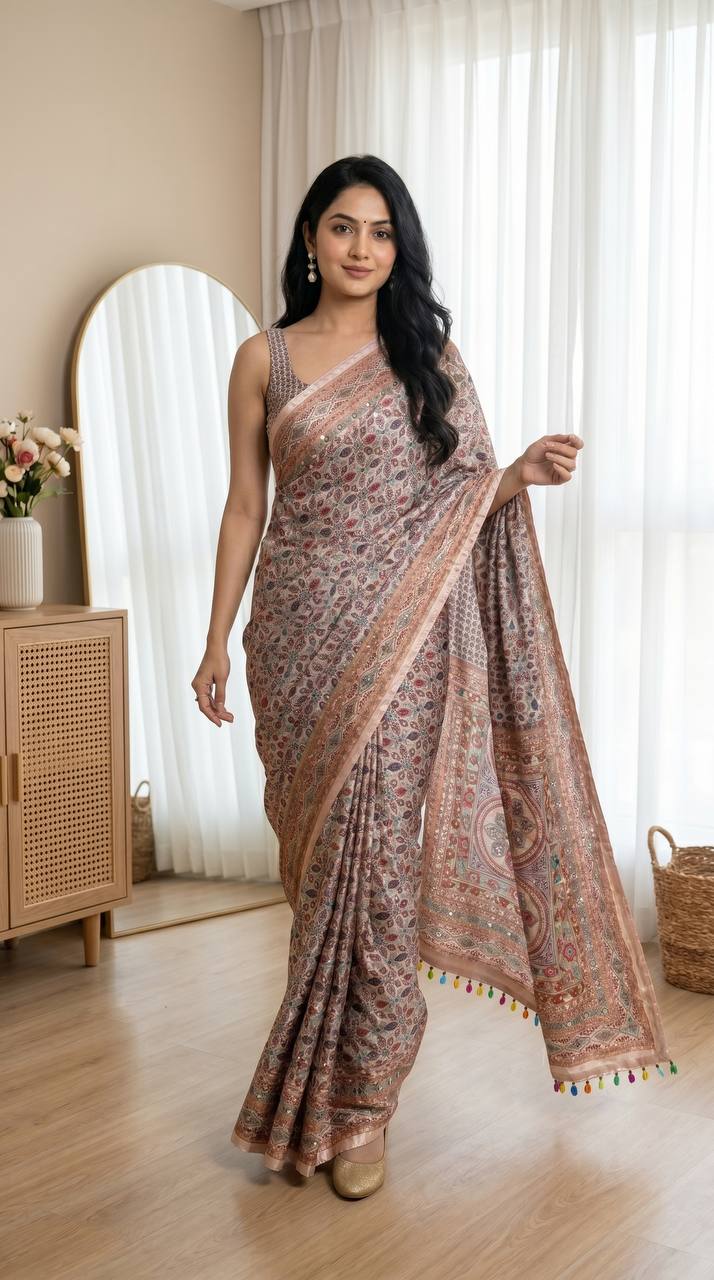 Rose gold roman silk digital print saree with real mirror work kodi latkan mameraa