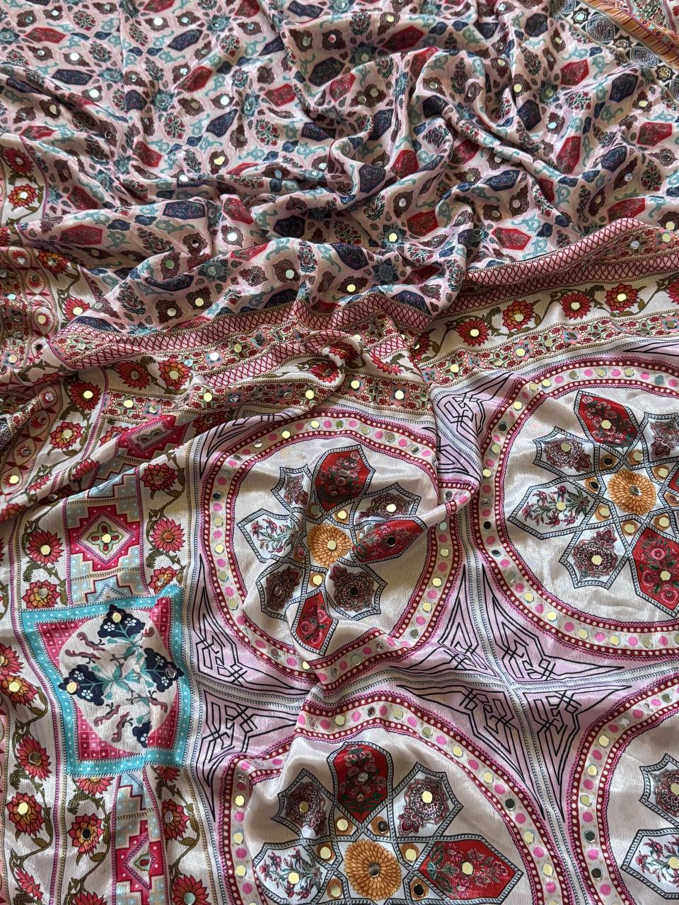 Rose gold roman silk digital print saree with real mirror work kodi latkan