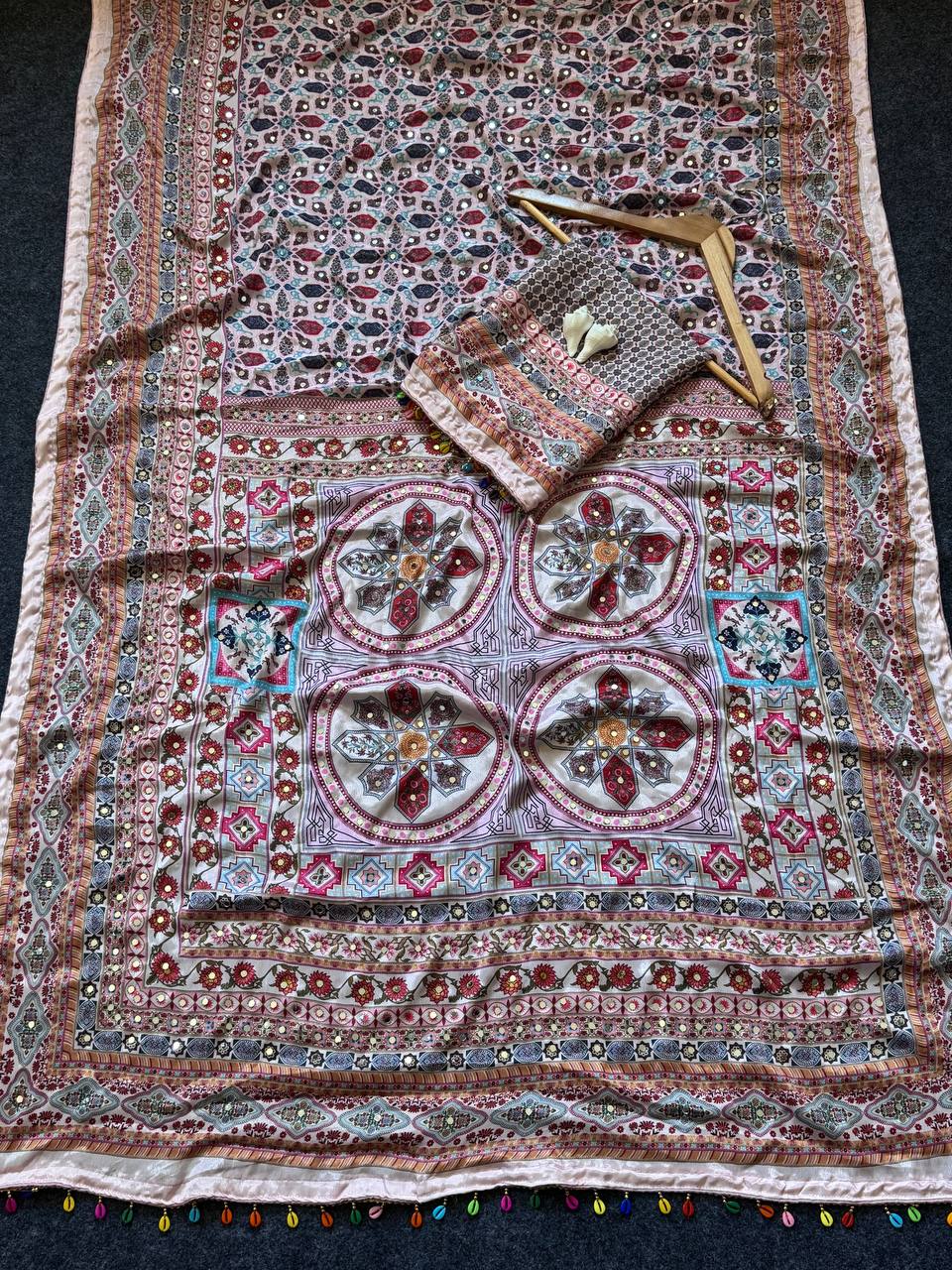 Rose gold roman silk digital print saree with real mirror work kodi latkan