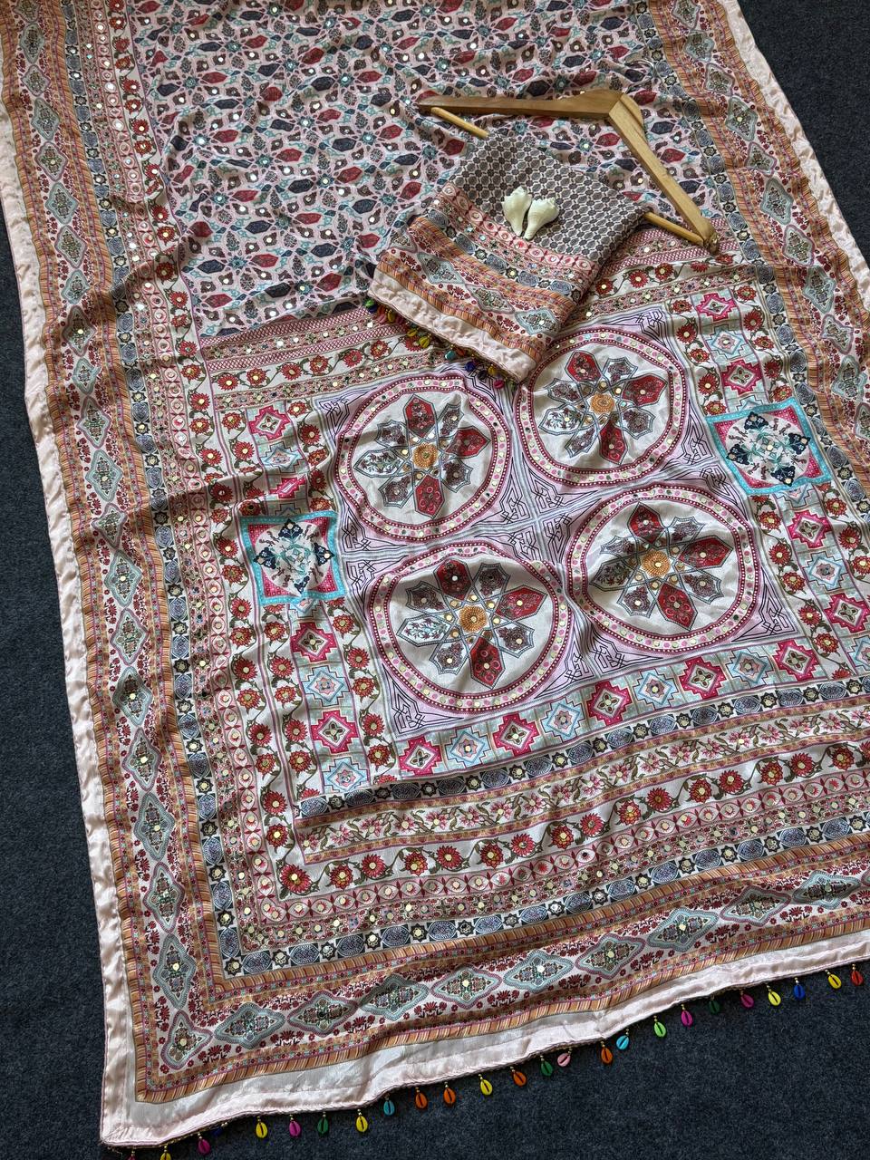 Rose gold roman silk digital print saree with real mirror work kodi latkan