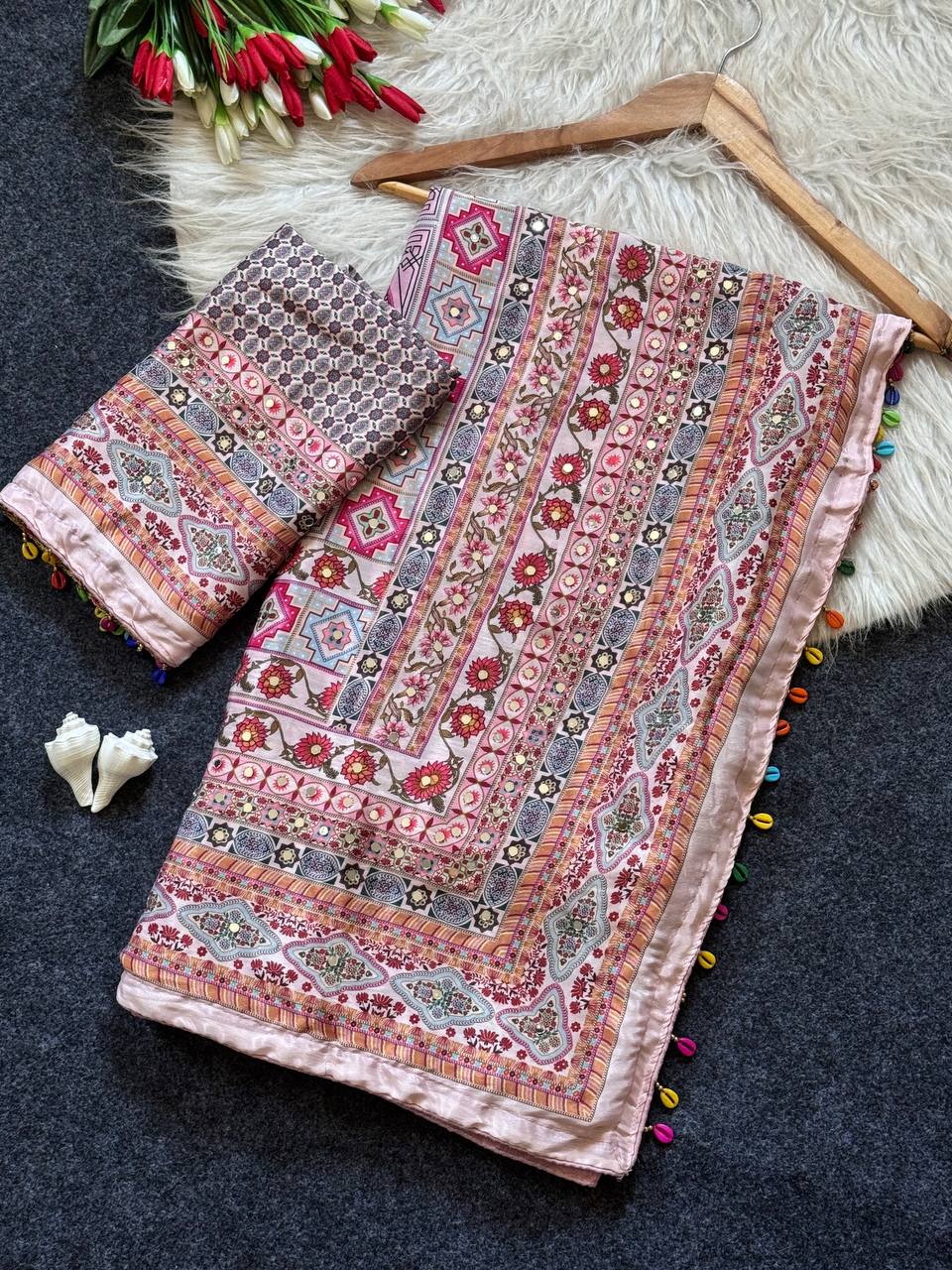 Rose gold roman silk digital print saree with real mirror work kodi latkan