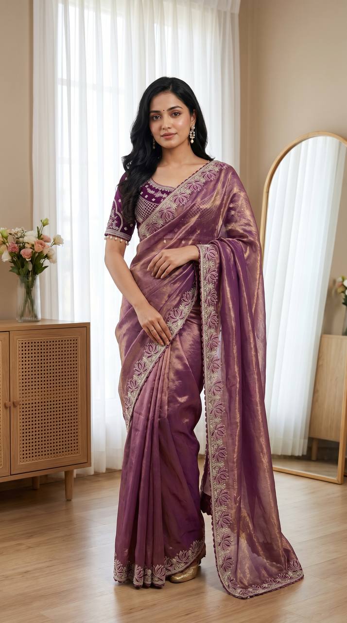 Wine purple soft fandy satin designer saree with lotus embroidery readymade blouse mameraa