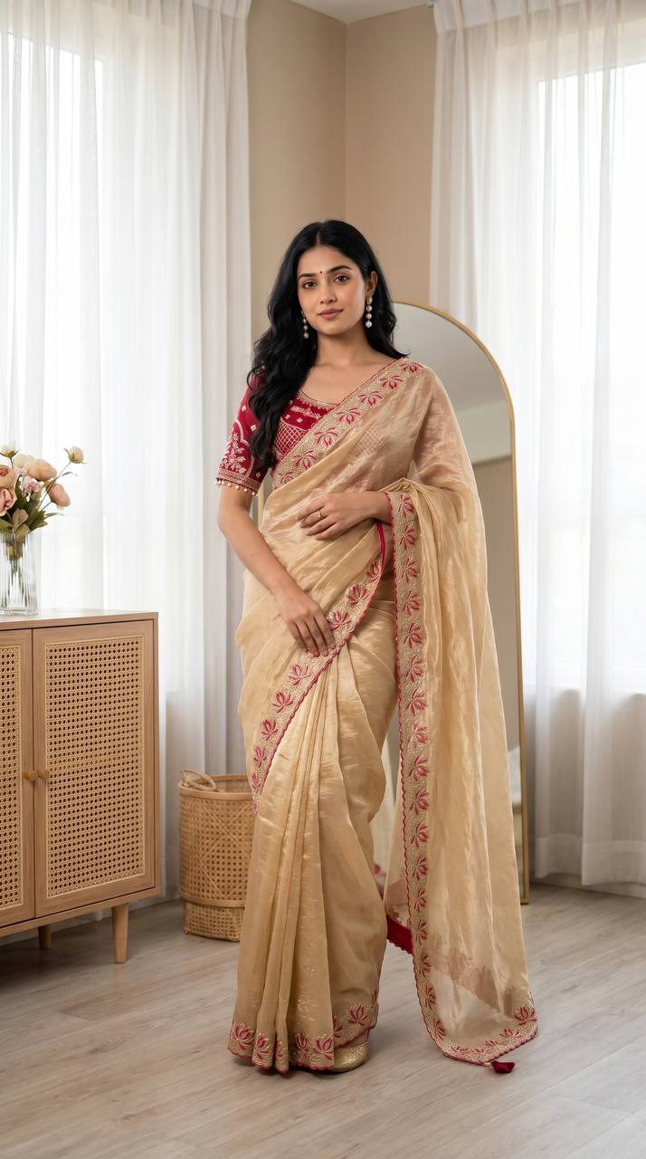 Champagne gold soft fandy satin designer saree with lotus embroidery readymade blouse mameraa