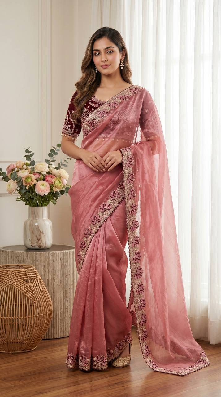 Dusty rose soft fandy satin designer saree with lotus embroidery readymade blouse mameraa