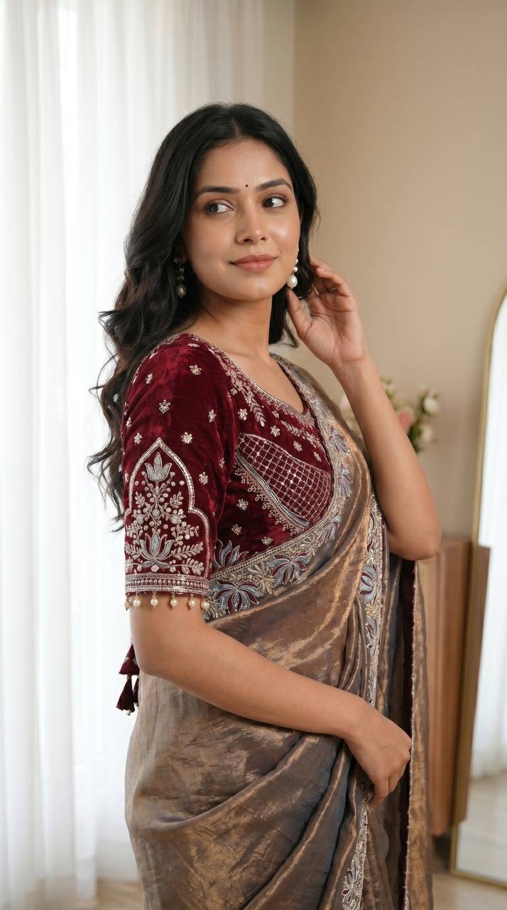 Royal jamuni soft fandy satin designer saree with lotus embroidery readymade blouse