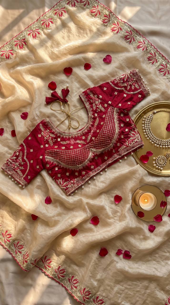 Champagne gold soft fandy satin designer saree with lotus embroidery readymade blouse