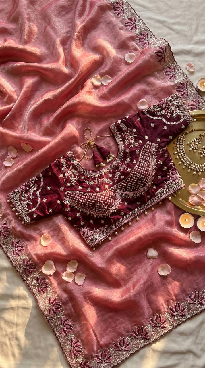 Dusty rose soft fandy satin designer saree with lotus embroidery readymade blouse