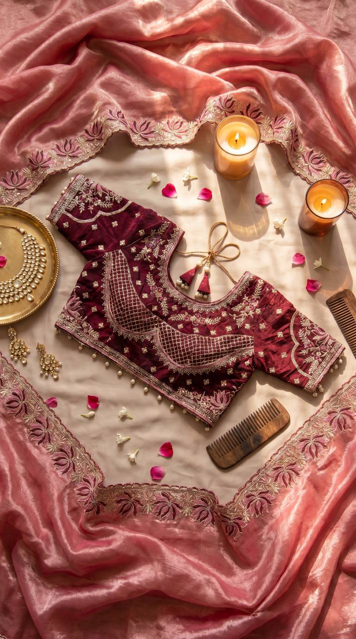 Dusty rose soft fandy satin designer saree with lotus embroidery readymade blouse