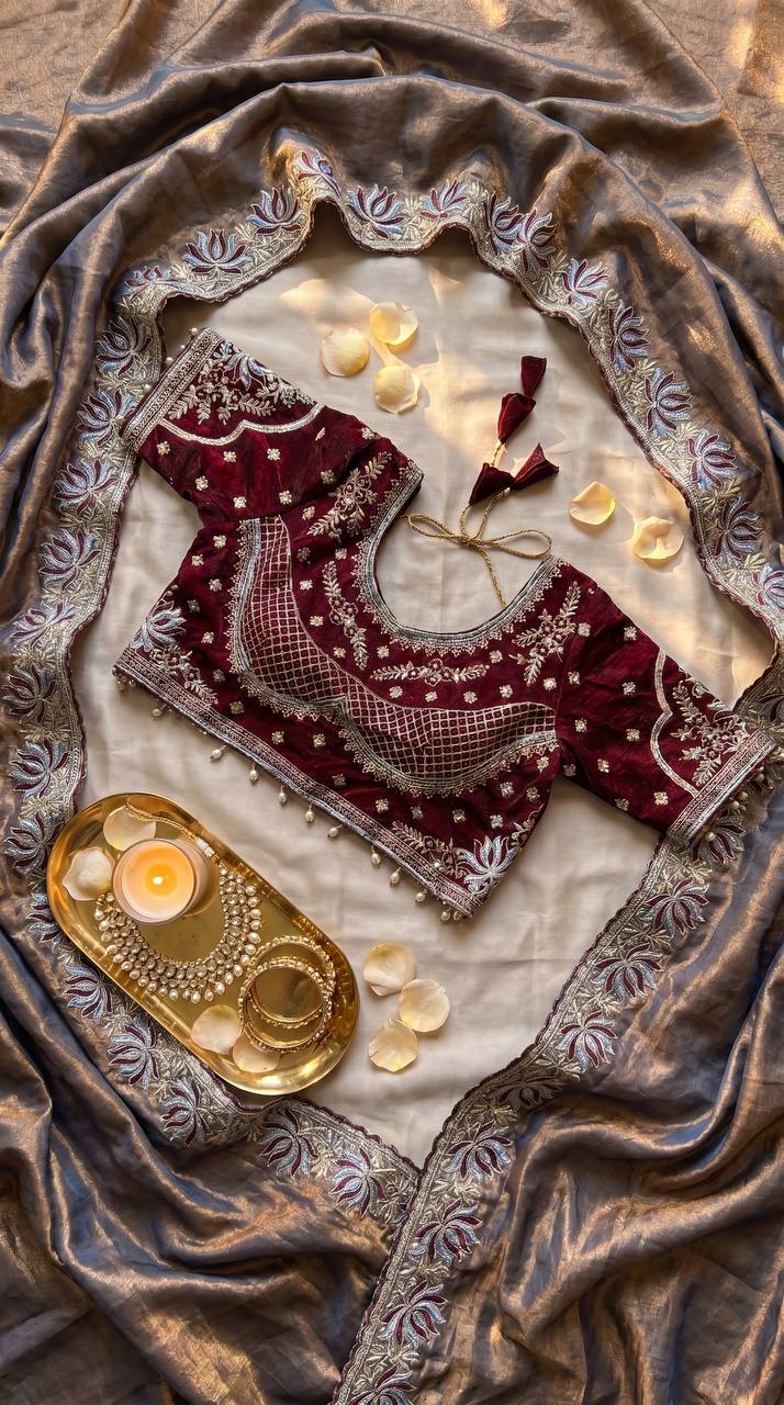 Royal jamuni soft fandy satin designer saree with lotus embroidery readymade blouse