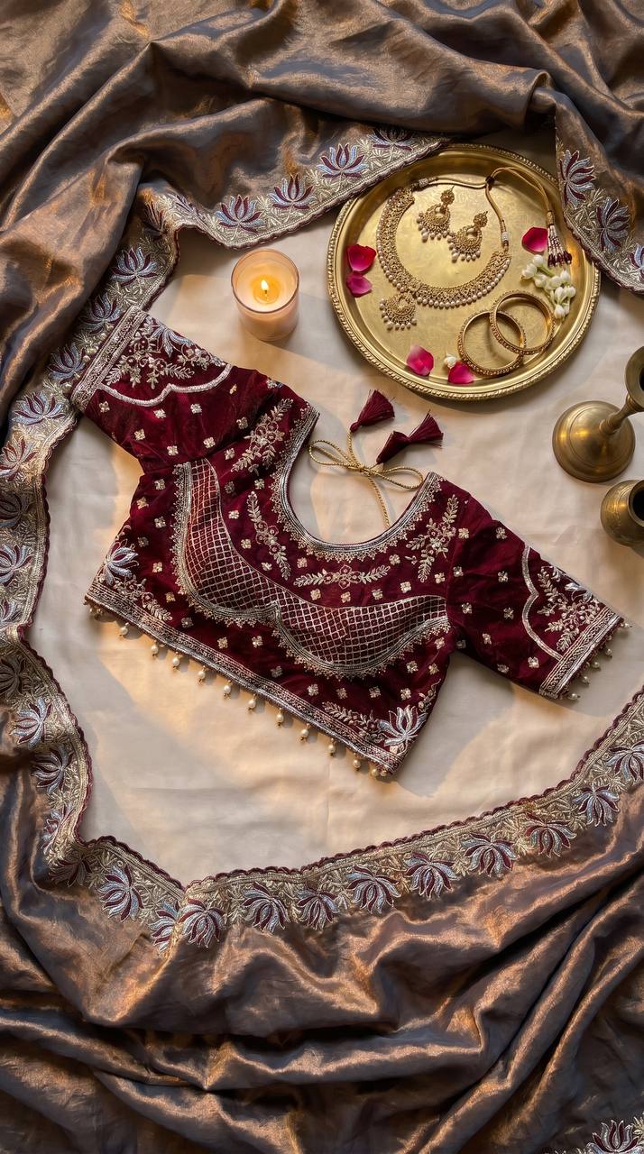 Royal jamuni soft fandy satin designer saree with lotus embroidery readymade blouse
