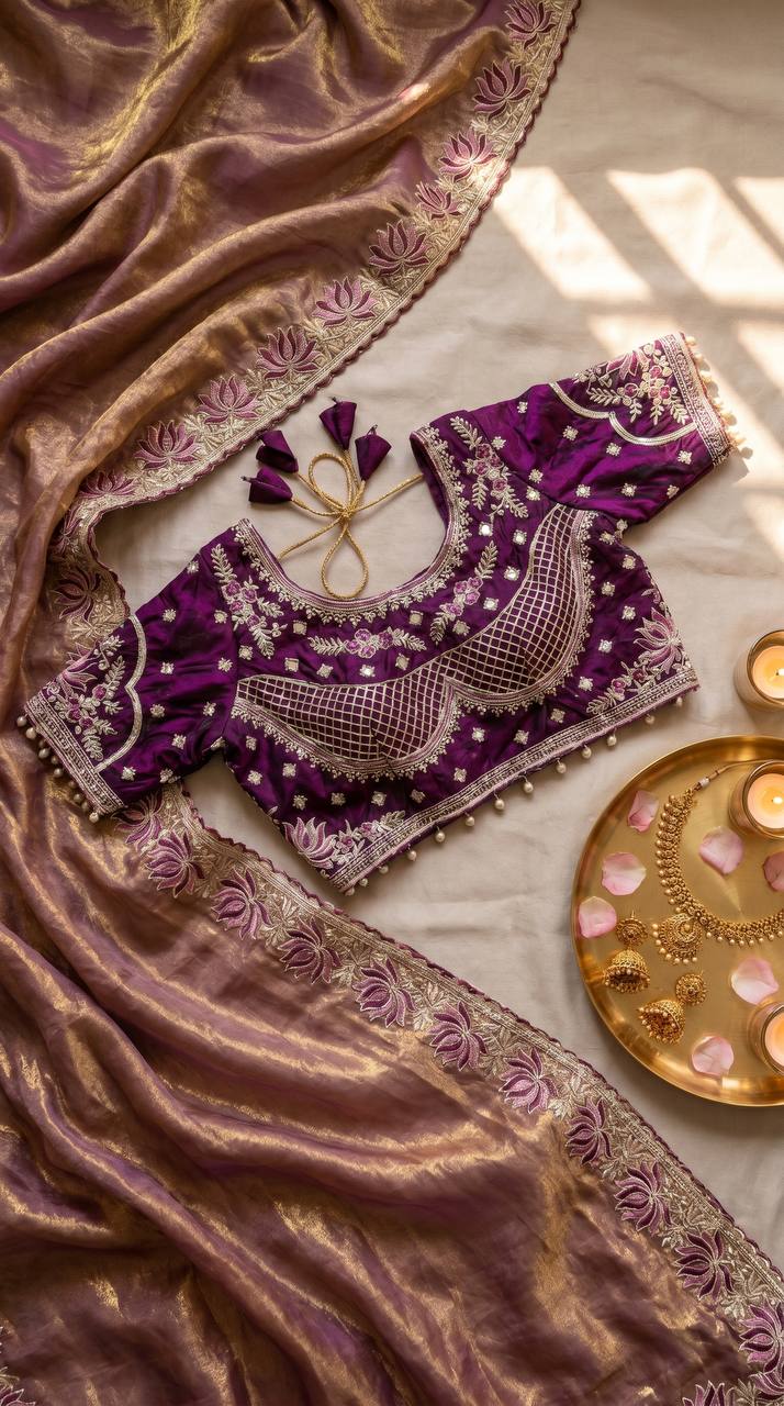 Wine purple soft fandy satin designer saree with lotus embroidery readymade blouse