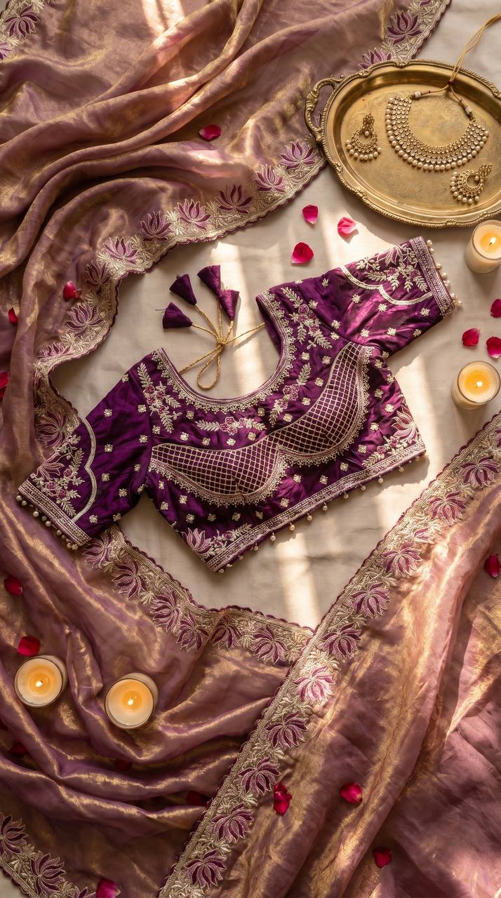 Wine purple soft fandy satin designer saree with lotus embroidery readymade blouse