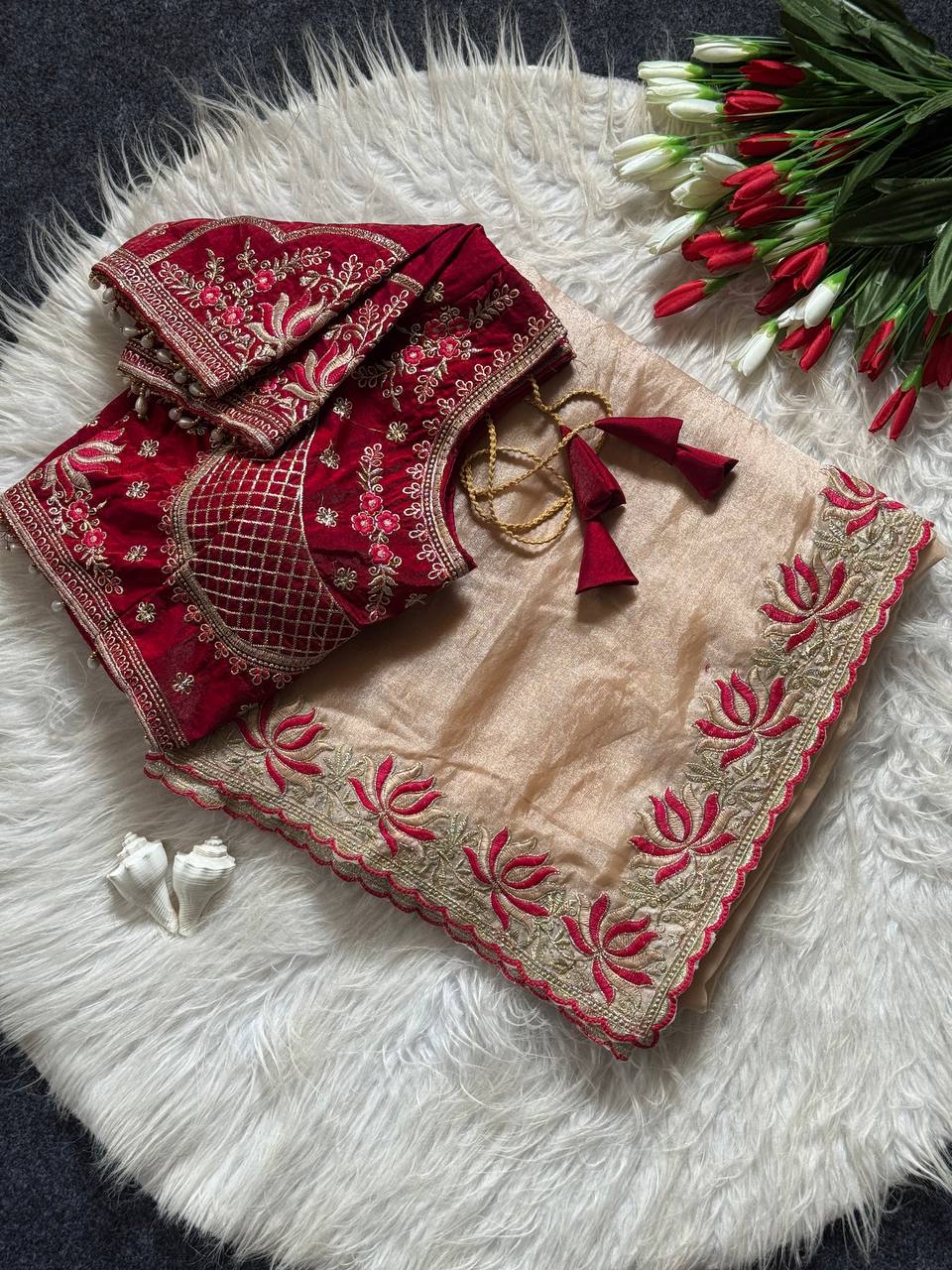 Champagne gold soft fandy satin designer saree with lotus embroidery readymade blouse