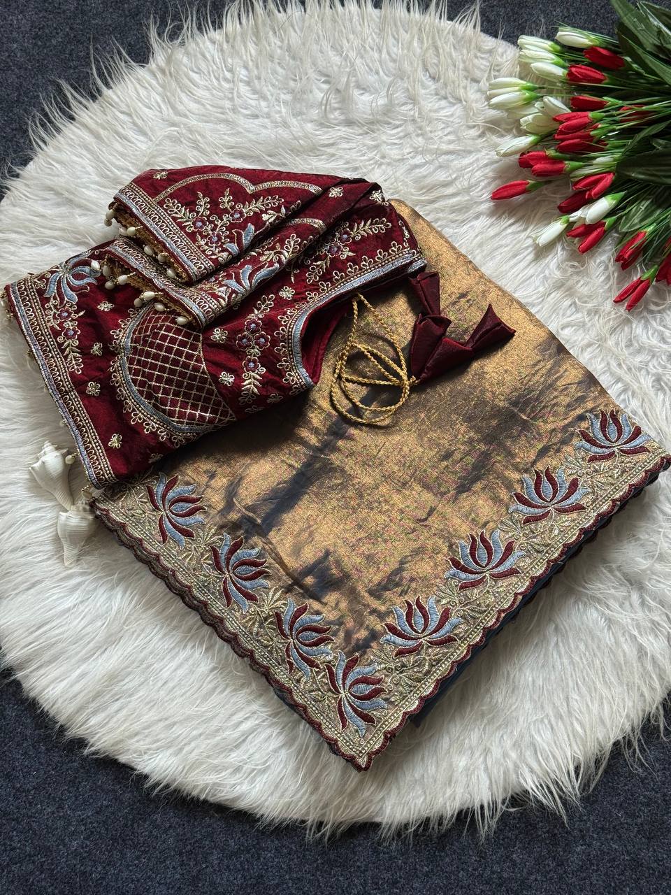 Royal jamuni soft fandy satin designer saree with lotus embroidery readymade blouse