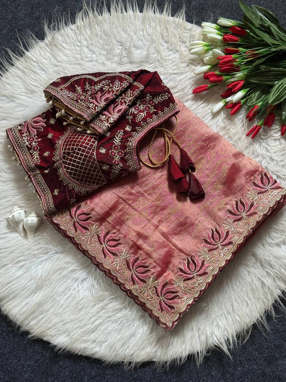 Dusty rose soft fandy satin designer saree with lotus embroidery readymade blouse
