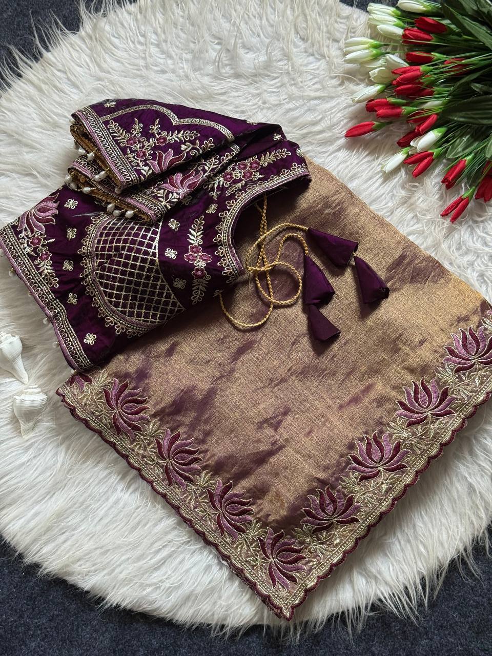 Wine purple soft fandy satin designer saree with lotus embroidery readymade blouse