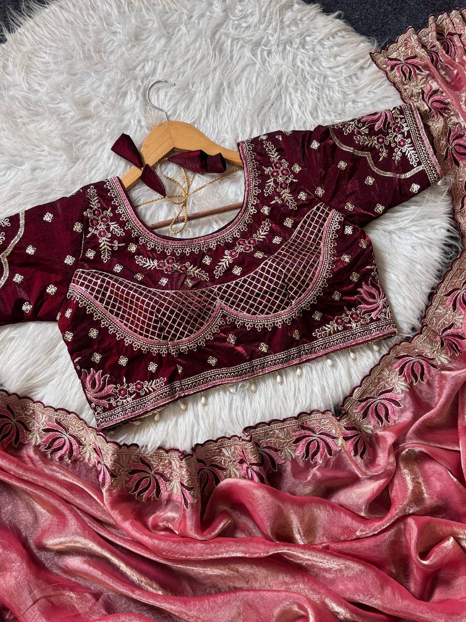 Dusty rose soft fandy satin designer saree with lotus embroidery readymade blouse