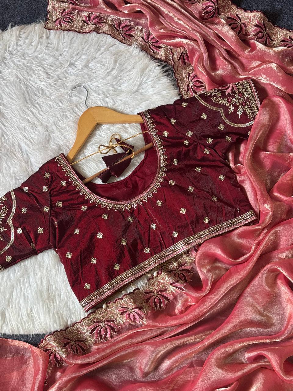 Dusty rose soft fandy satin designer saree with lotus embroidery readymade blouse