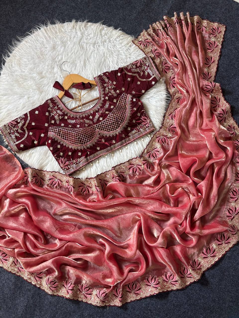 Dusty rose soft fandy satin designer saree with lotus embroidery readymade blouse