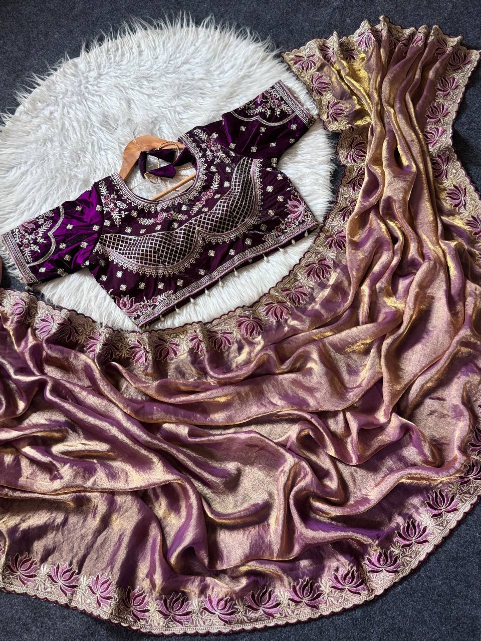 Wine purple soft fandy satin designer saree with lotus embroidery readymade blouse