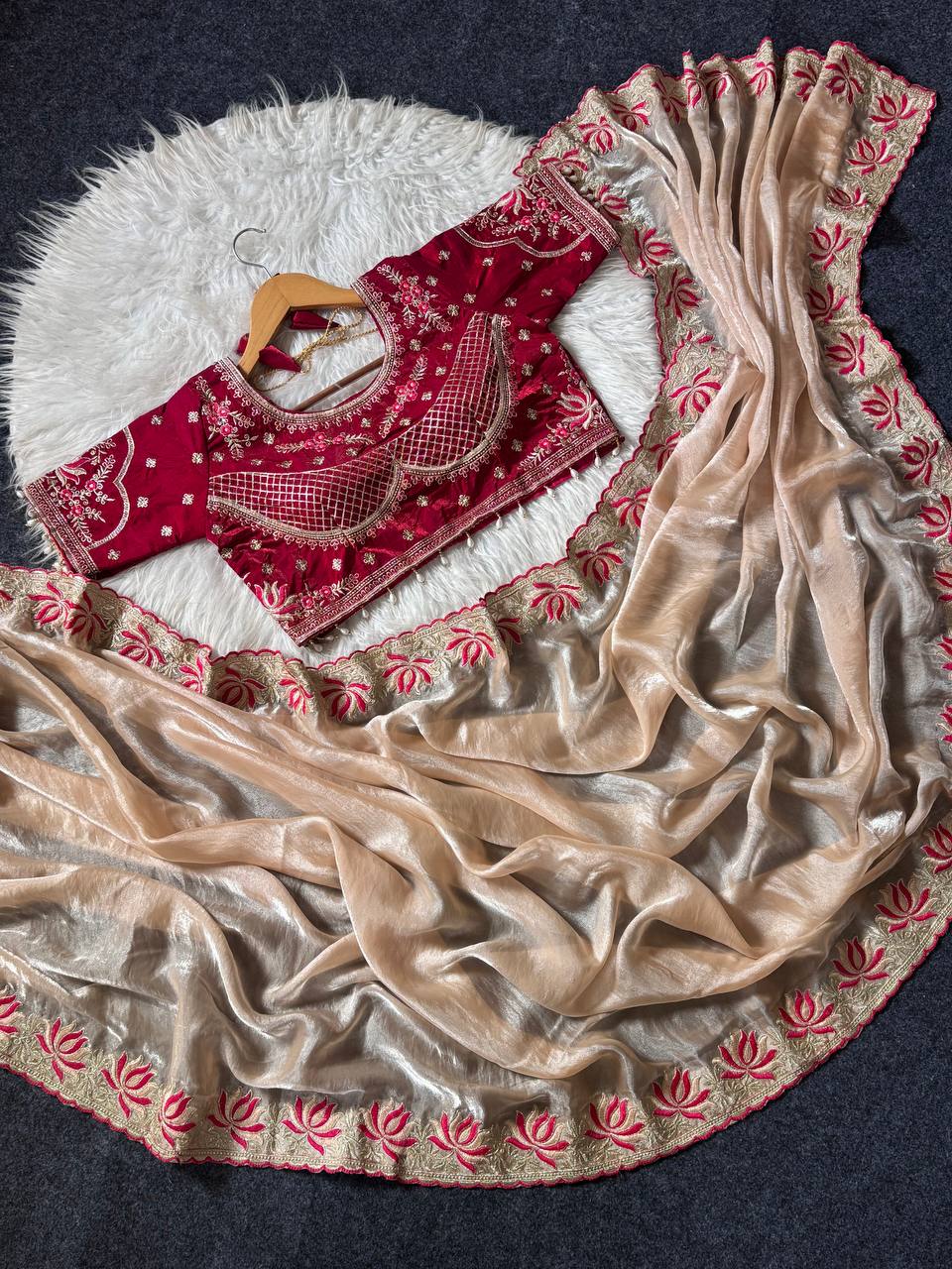 Champagne gold soft fandy satin designer saree with lotus embroidery readymade blouse