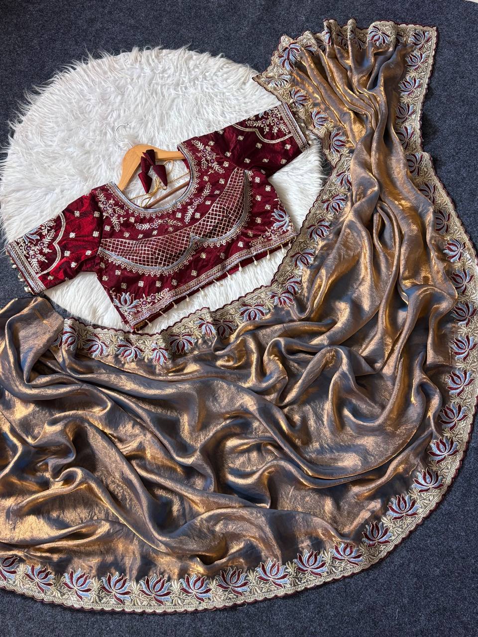 Royal jamuni soft fandy satin designer saree with lotus embroidery readymade blouse