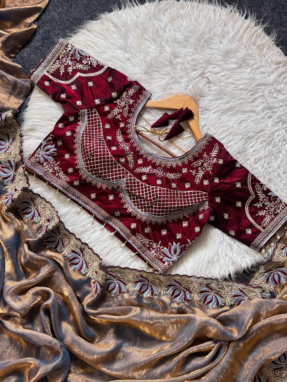 Royal jamuni soft fandy satin designer saree with lotus embroidery readymade blouse