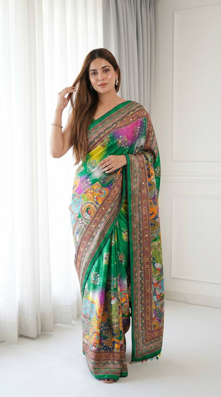 Emerald green artistic digital print modal silk saree with heritage border multicolor motifs decorative tassels mameraa