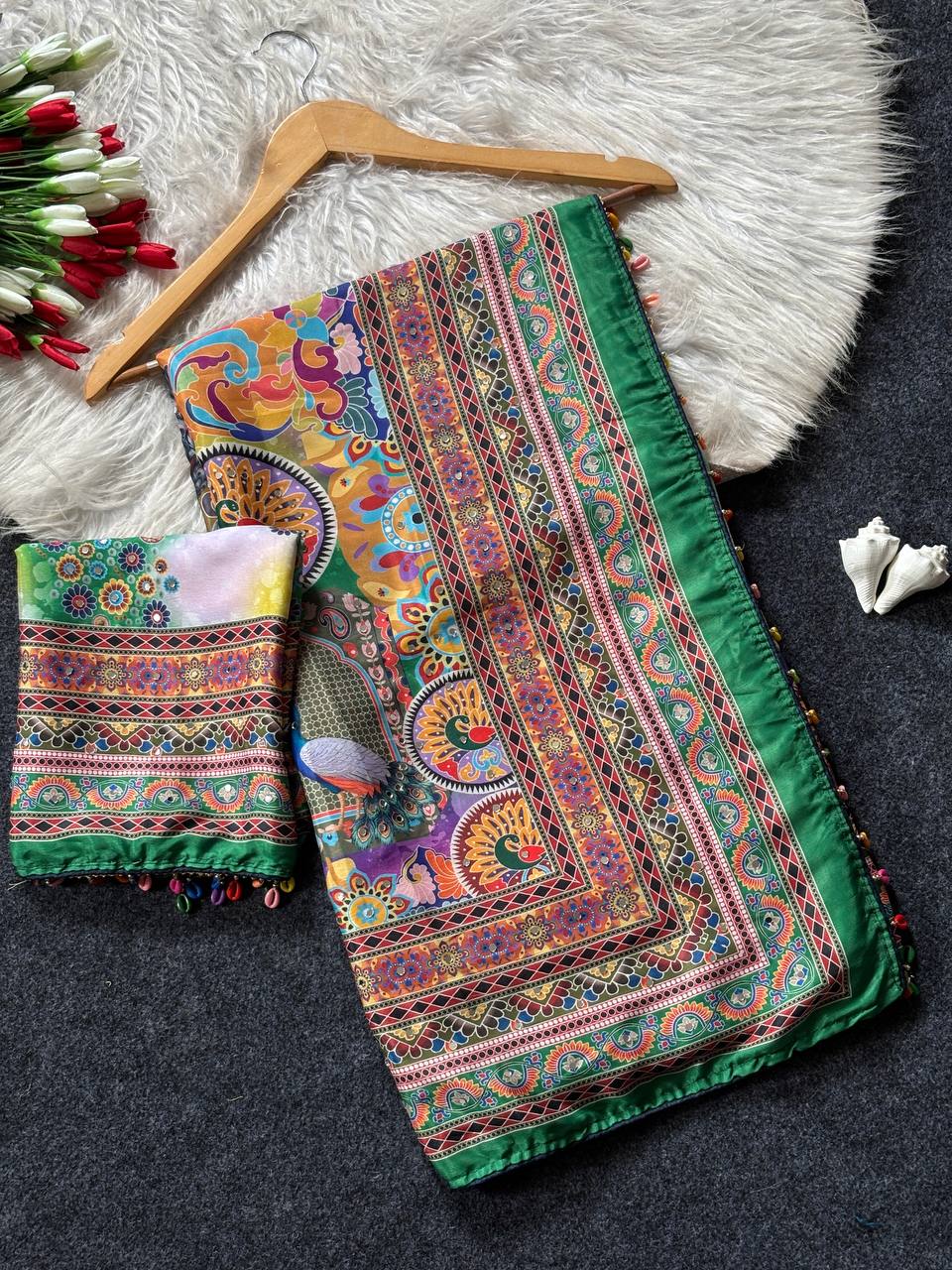 Emerald green artistic digital print modal silk saree with heritage border multicolor motifs decorative tassels