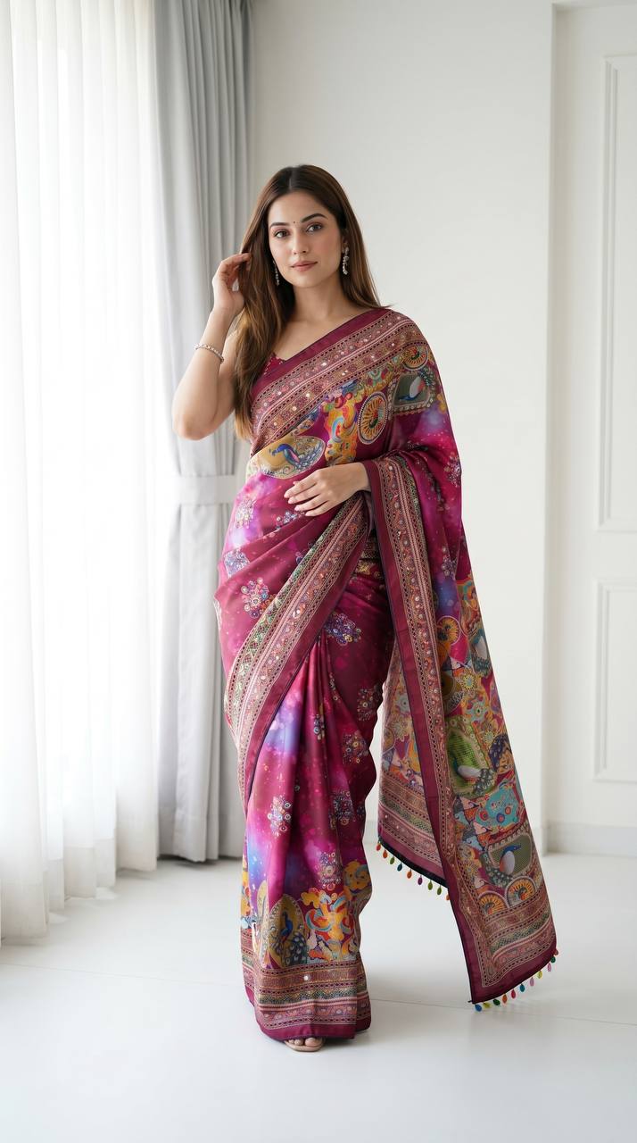 Magenta purple artistic digital print modal silk saree with heritage border multicolor designer pallu tassel detailing mameraa