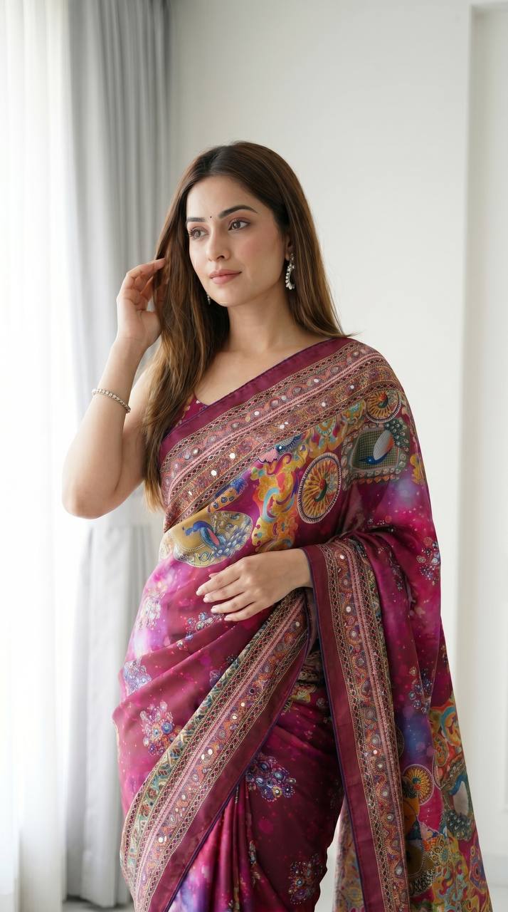 Magenta purple artistic digital print modal silk saree with heritage border multicolor designer pallu tassel detailing