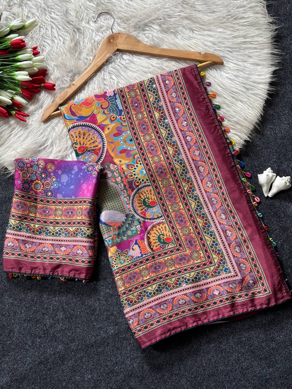 Magenta purple artistic digital print modal silk saree with heritage border multicolor designer pallu tassel detailing