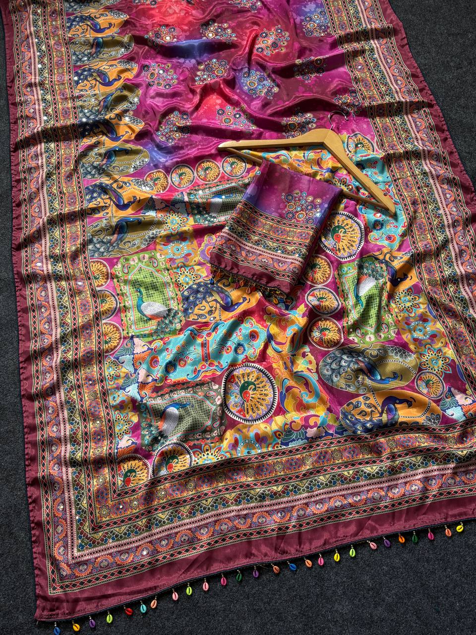 Magenta purple artistic digital print modal silk saree with heritage border multicolor designer pallu tassel detailing