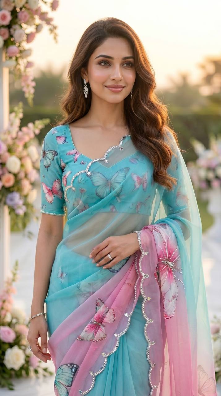 Pastel dream butterfly soft tabby saree with 3d digital print khatali handwork