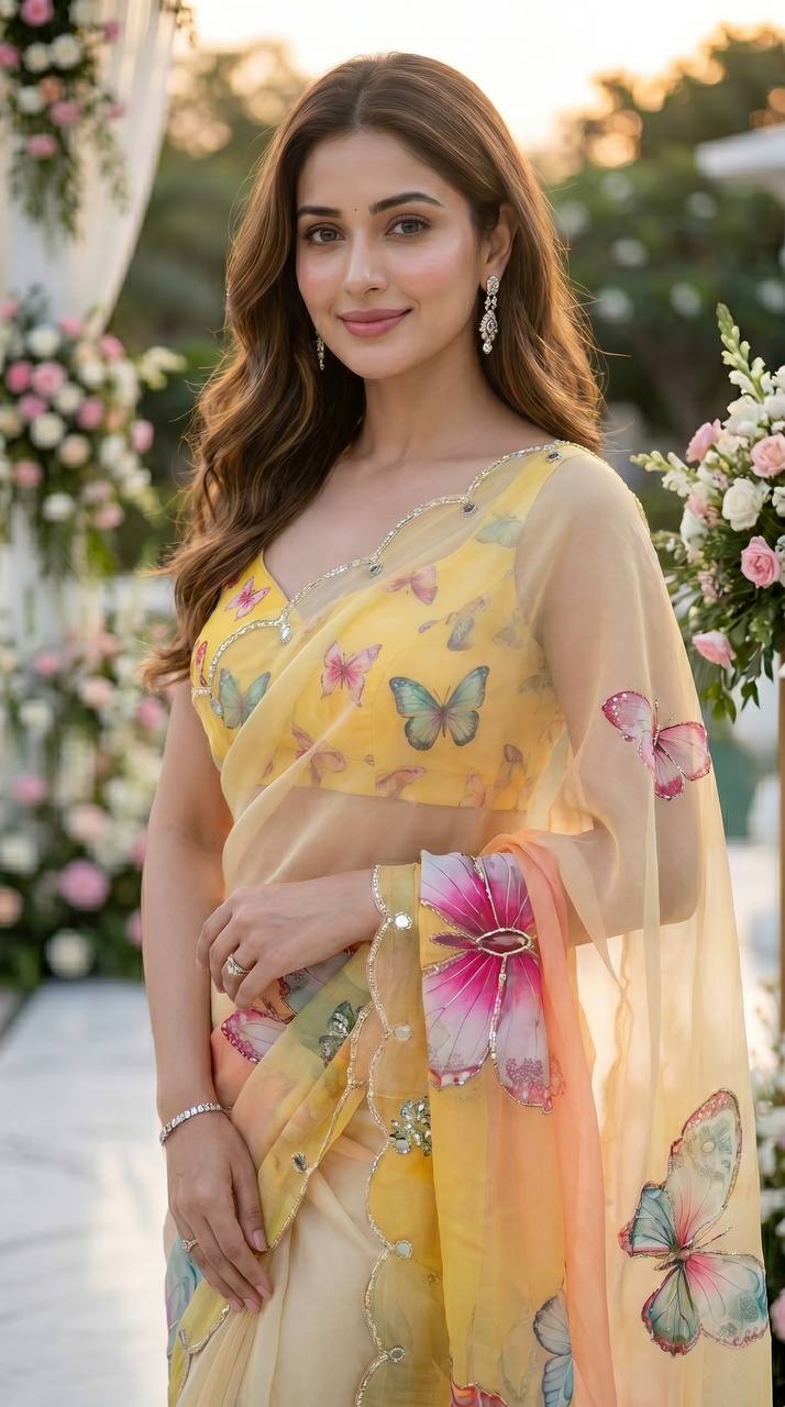 Sunshine bloom butterfly soft tabby saree with 3d digital print mirror handwork