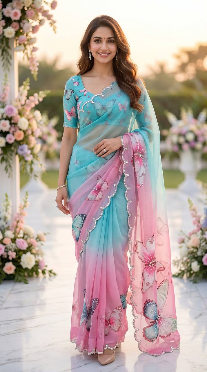 Pastel dream butterfly soft tabby saree with 3d digital print khatali handwork mameraa