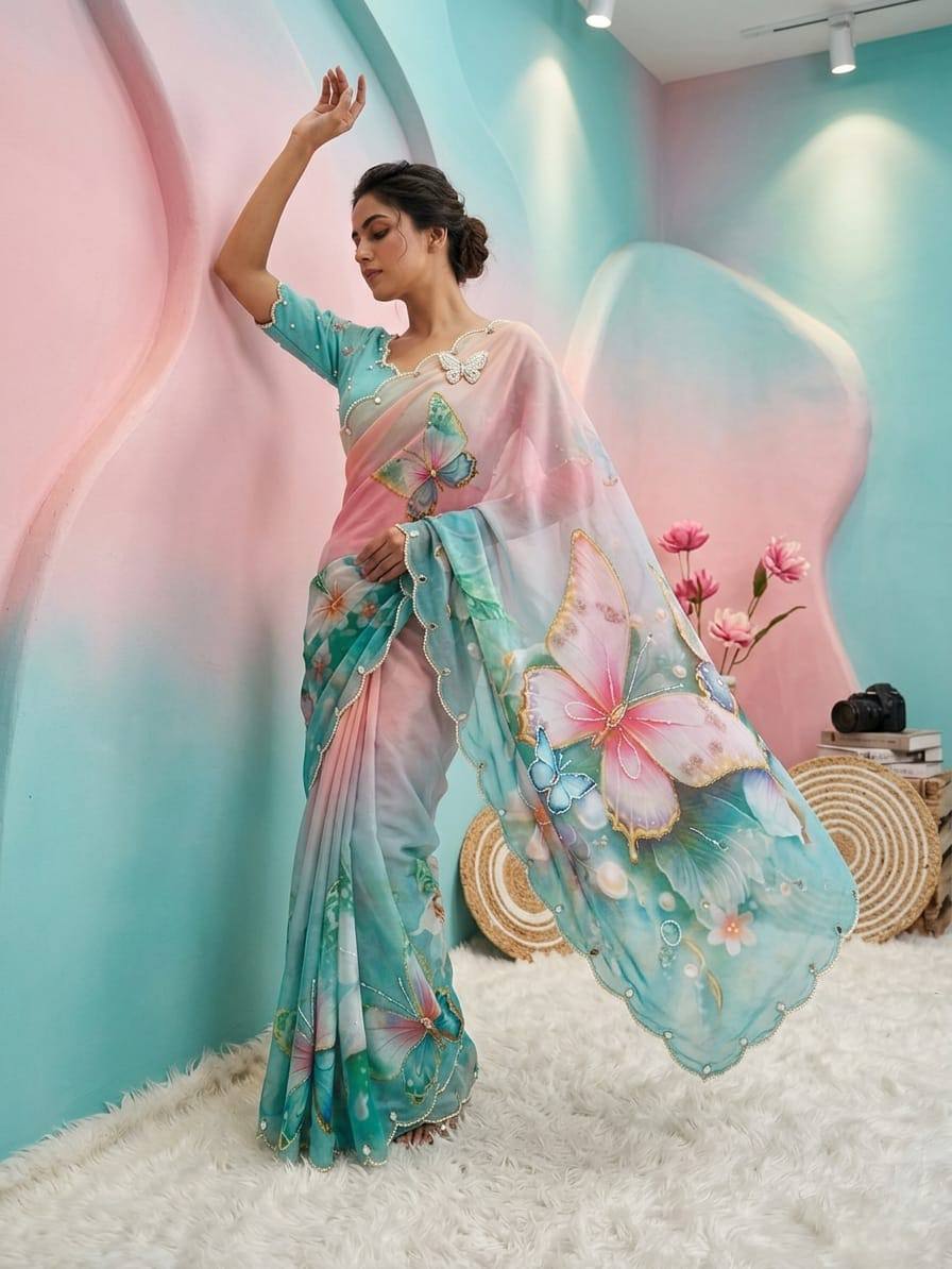 Pastel dream butterfly soft tabby saree with 3d digital print khatali handwork