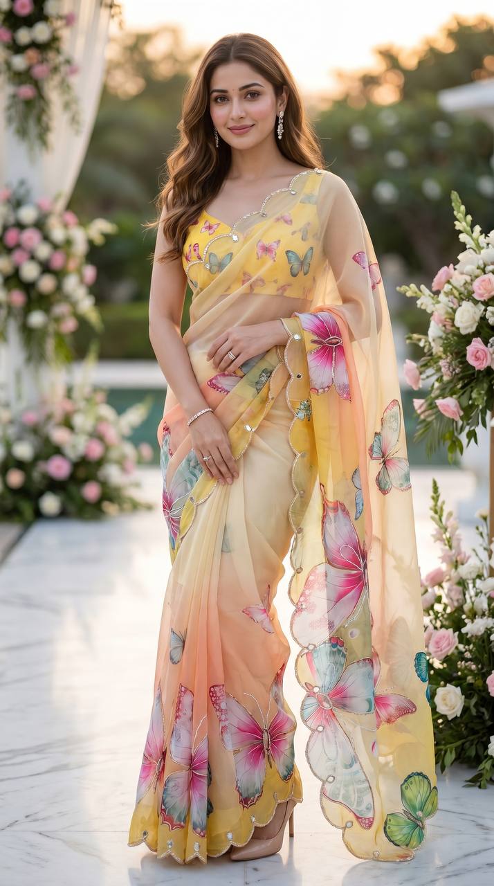 Sunshine bloom butterfly soft tabby saree with 3d digital print mirror handwork
