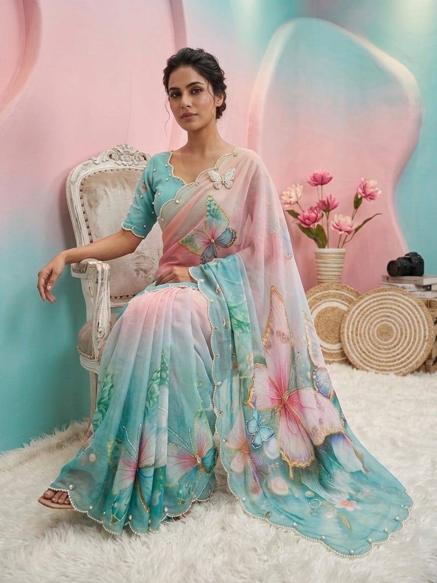 Pastel dream butterfly soft tabby saree with 3d digital print khatali handwork