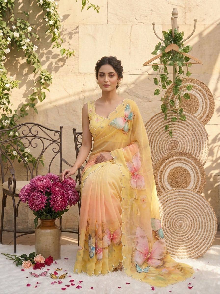 Sunshine bloom butterfly soft tabby saree with 3d digital print mirror handwork