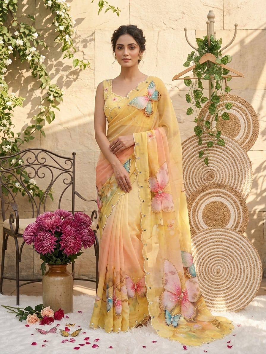 Sunshine bloom butterfly soft tabby saree with 3d digital print mirror handwork mameraa